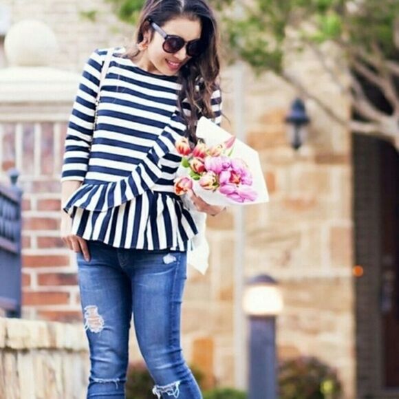 J. Crew Asymmetrical Stripe Ruffle Top C23 - Picture 1 of 9